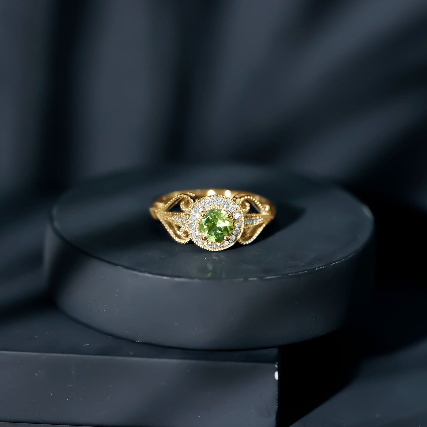 Vintage Inspired 0.5 Carat Peridot Engagement Ring with Diamond Halo