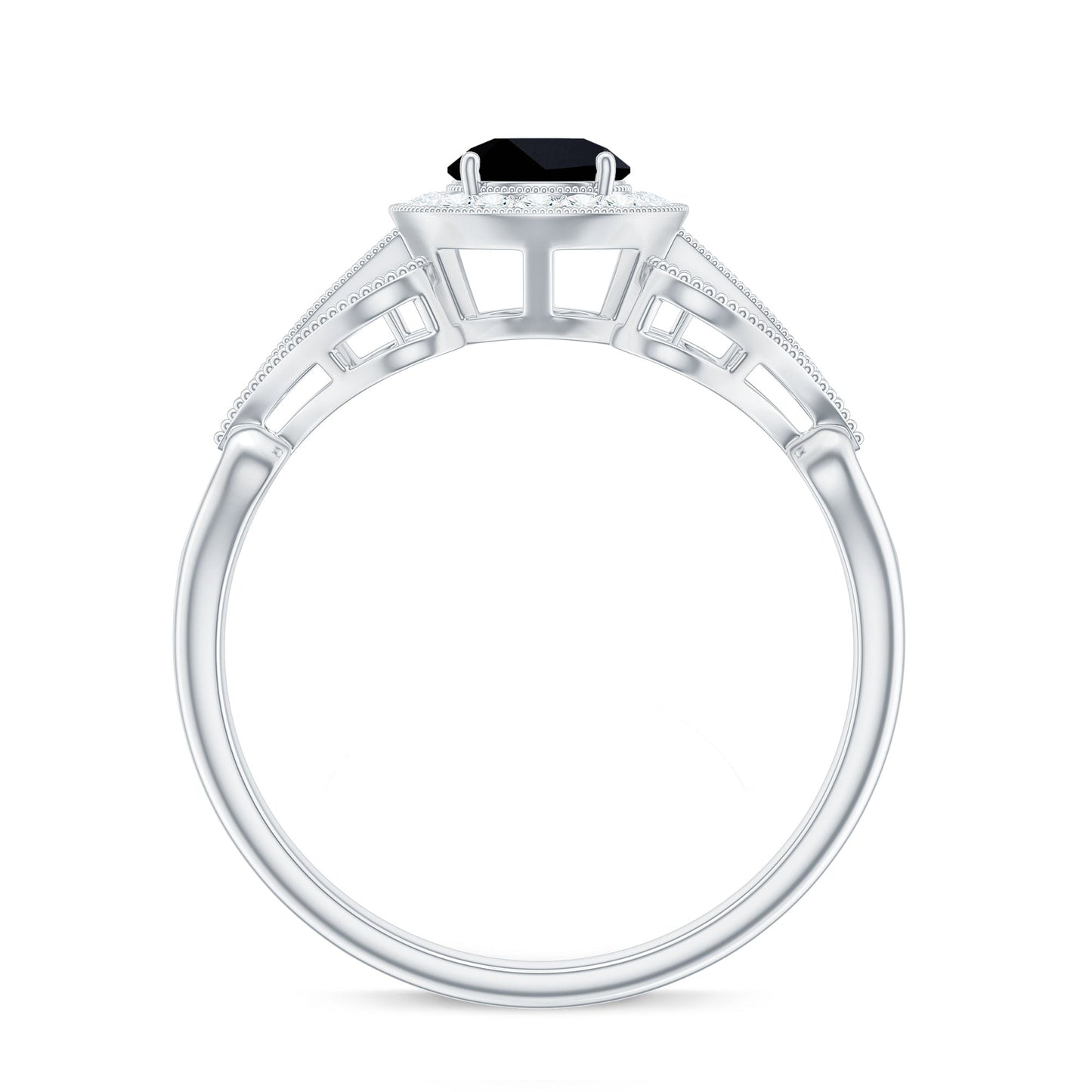 0.4 Carat Round Black Onyx Vintage Engagement Ring with Diamond Halo