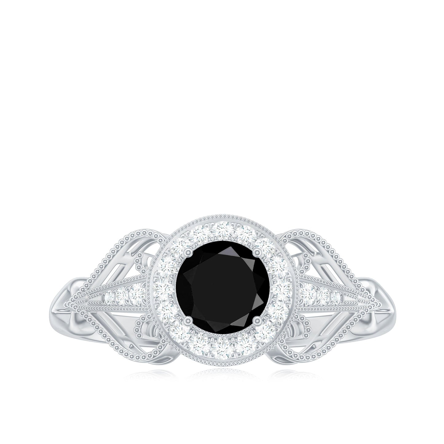 0.4 Carat Round Black Onyx Vintage Engagement Ring with Diamond Halo