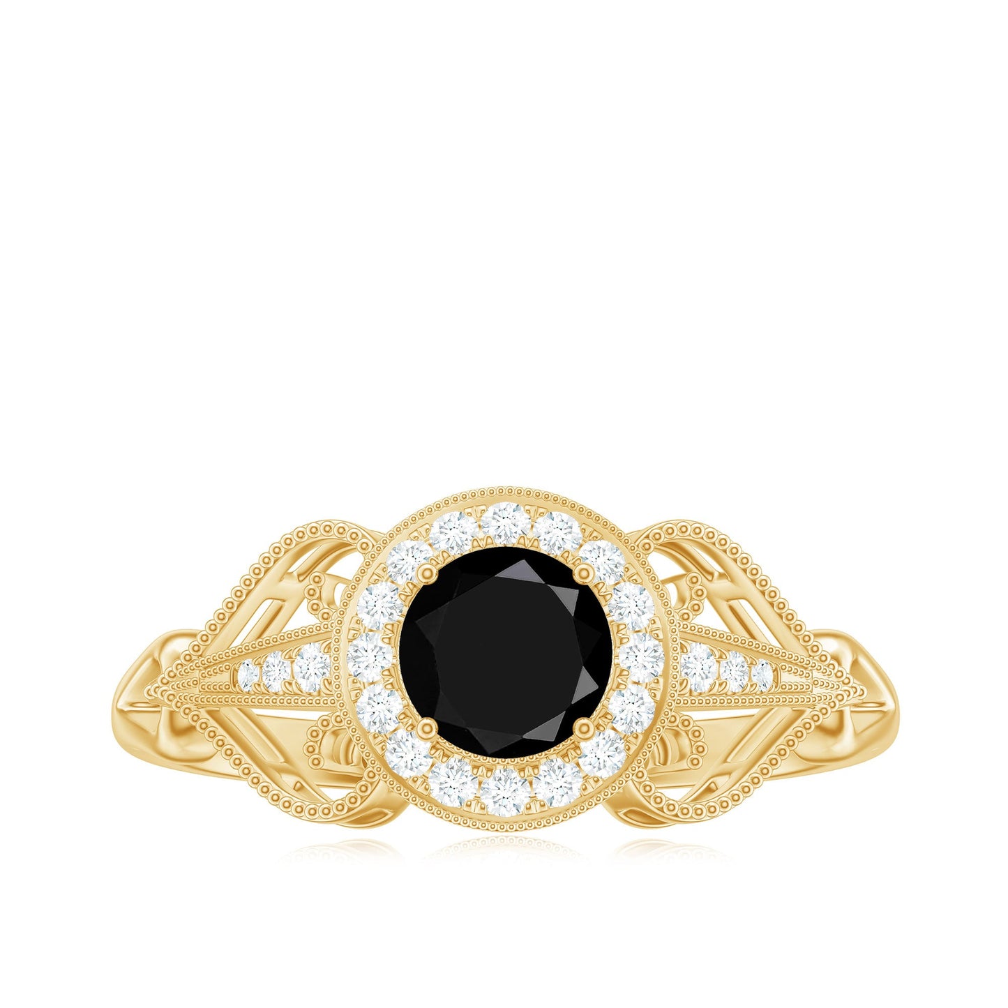 0.4 Carat Round Black Onyx Vintage Engagement Ring with Diamond Halo