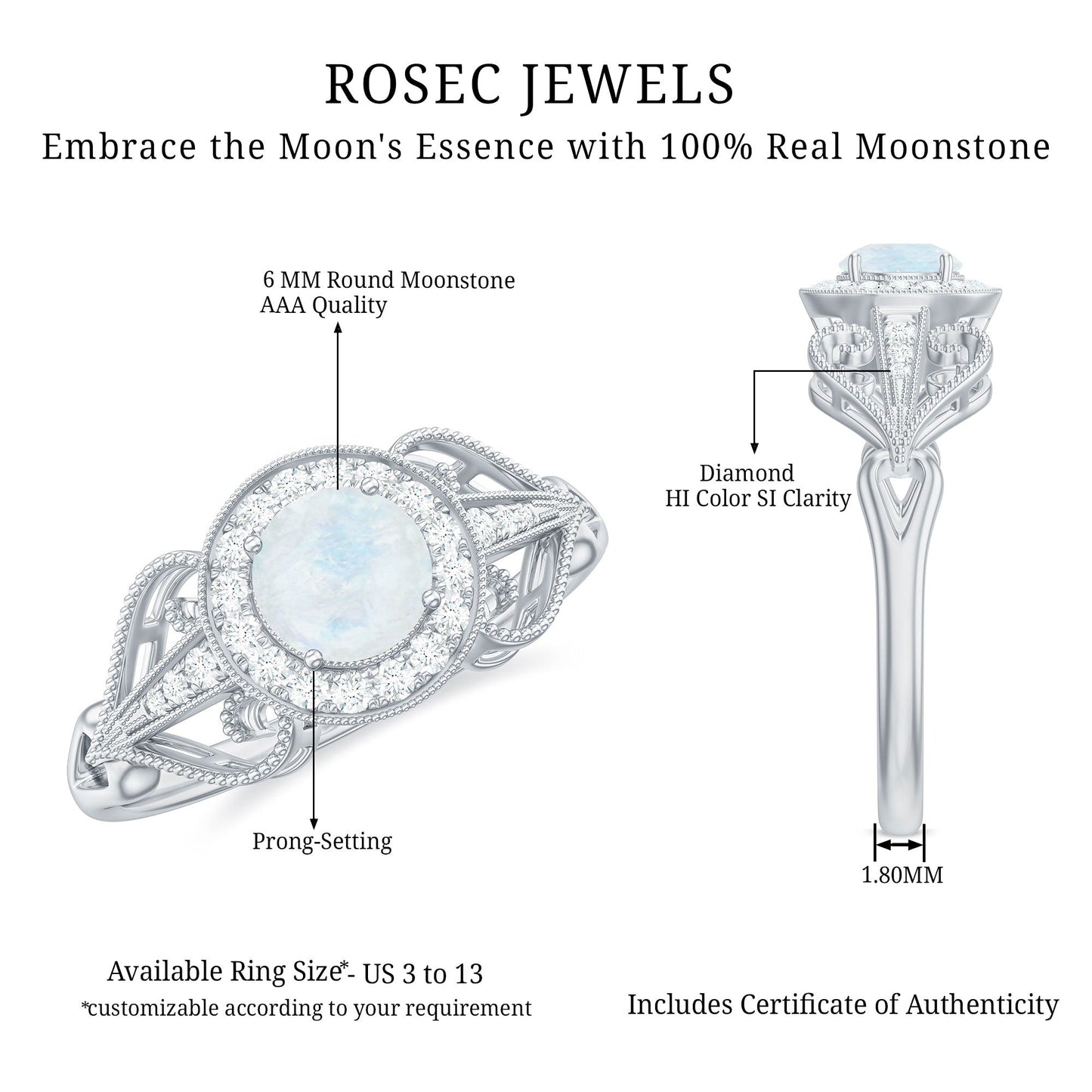Vintage Inspired Moonstone and Diamond Engagement Ring