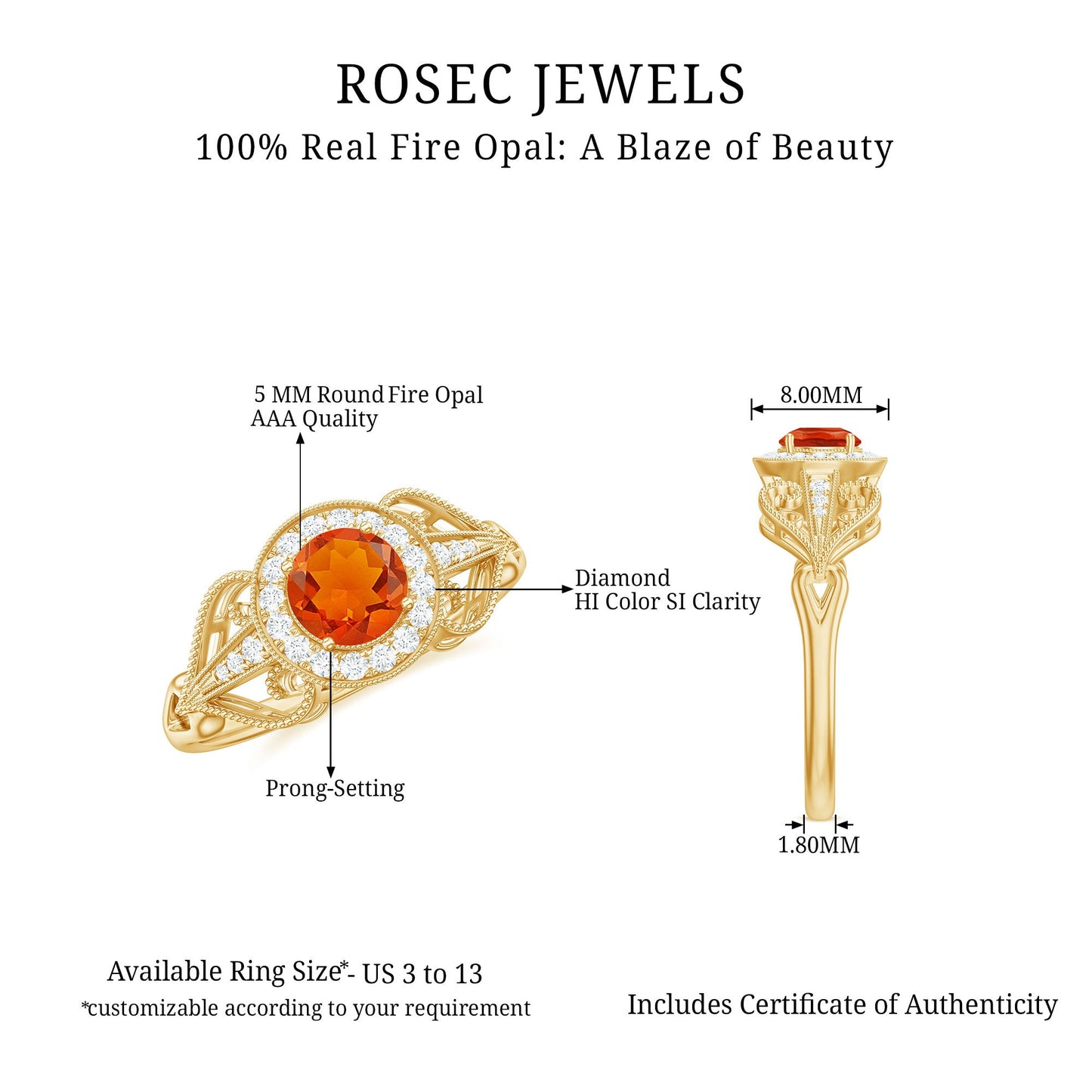 Real 0.45 Carat Fire Opal and Diamond Vintage Inspired Engagement Ring