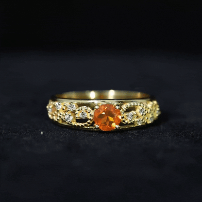Vintage Style Fire Opal Solitaire Anniversary Band Ring with Diamond