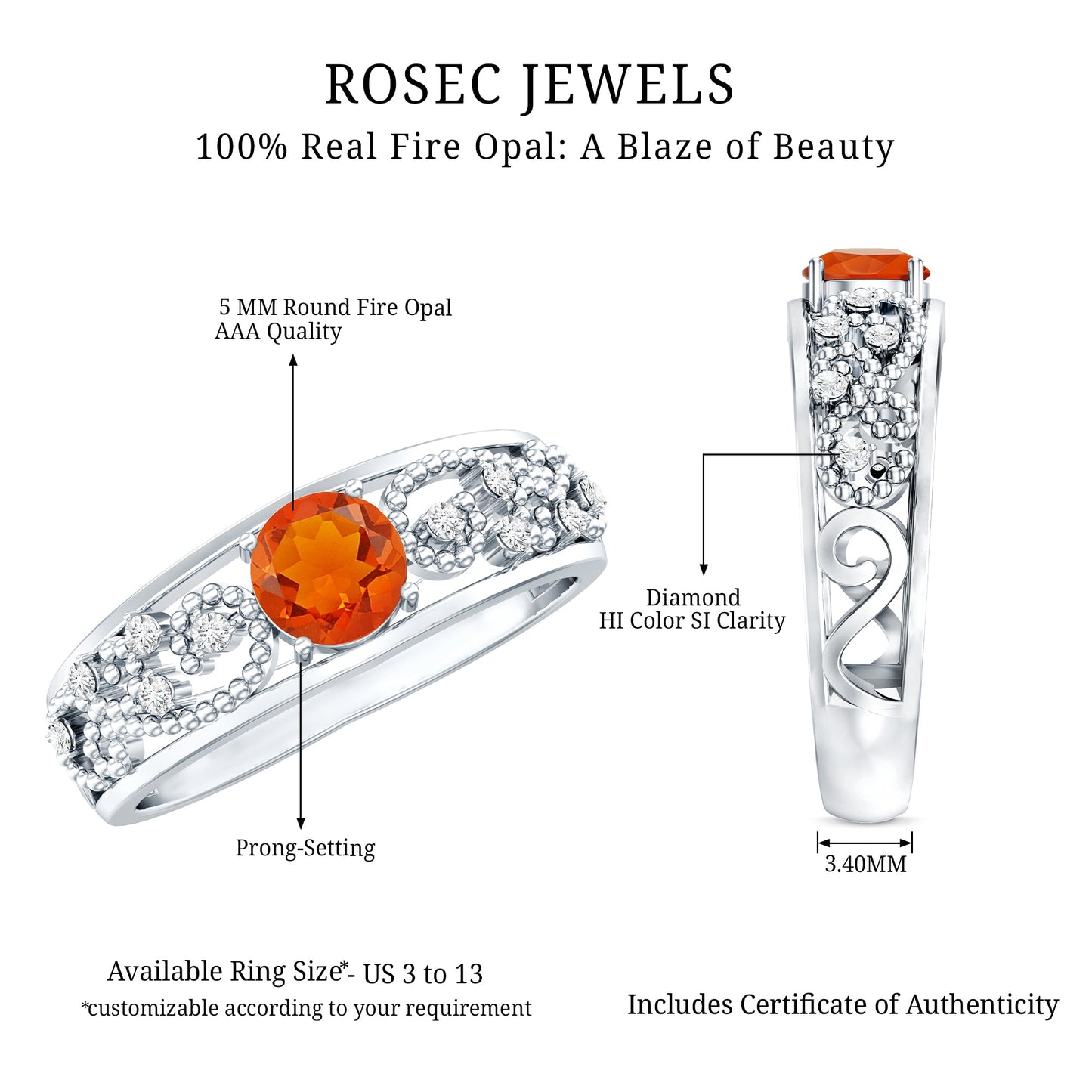 Vintage Style Fire Opal Solitaire Anniversary Band Ring with Diamond