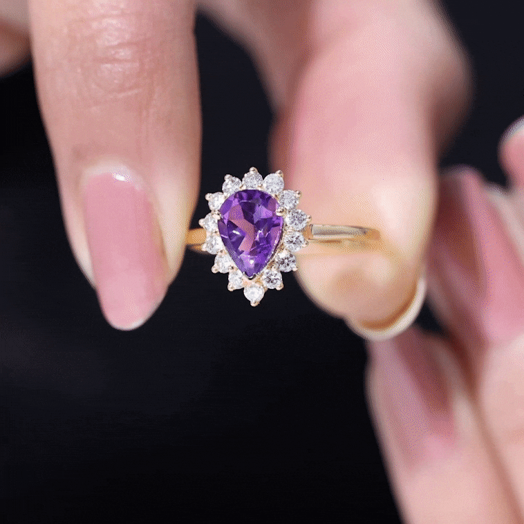 Natural 1 Carat Amethyst Pear Shaped Engagement Ring with Diamond Halo