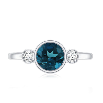 Bezel Set Round London Blue Topaz Solitaire Engagement Ring With Diamond