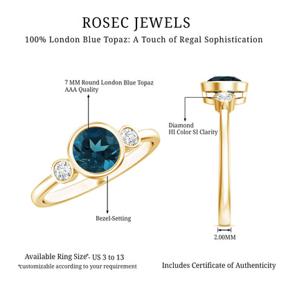 Bezel Set Round London Blue Topaz Solitaire Engagement Ring With Diamond