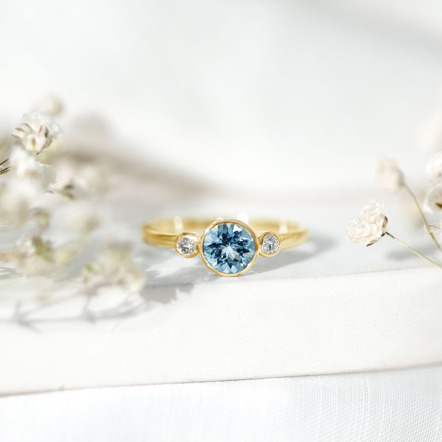 Bezel Set Real Aquamarine Diamond Engagement Ring with Certificate