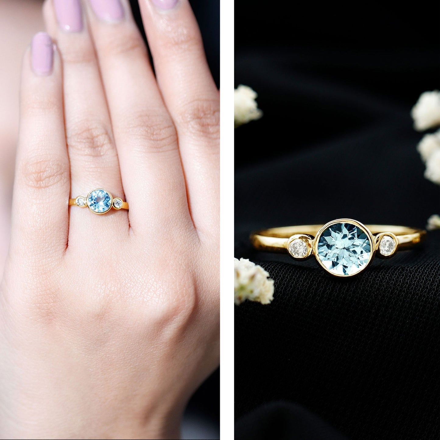 Bezel Set Real Aquamarine Diamond Engagement Ring with Certificate