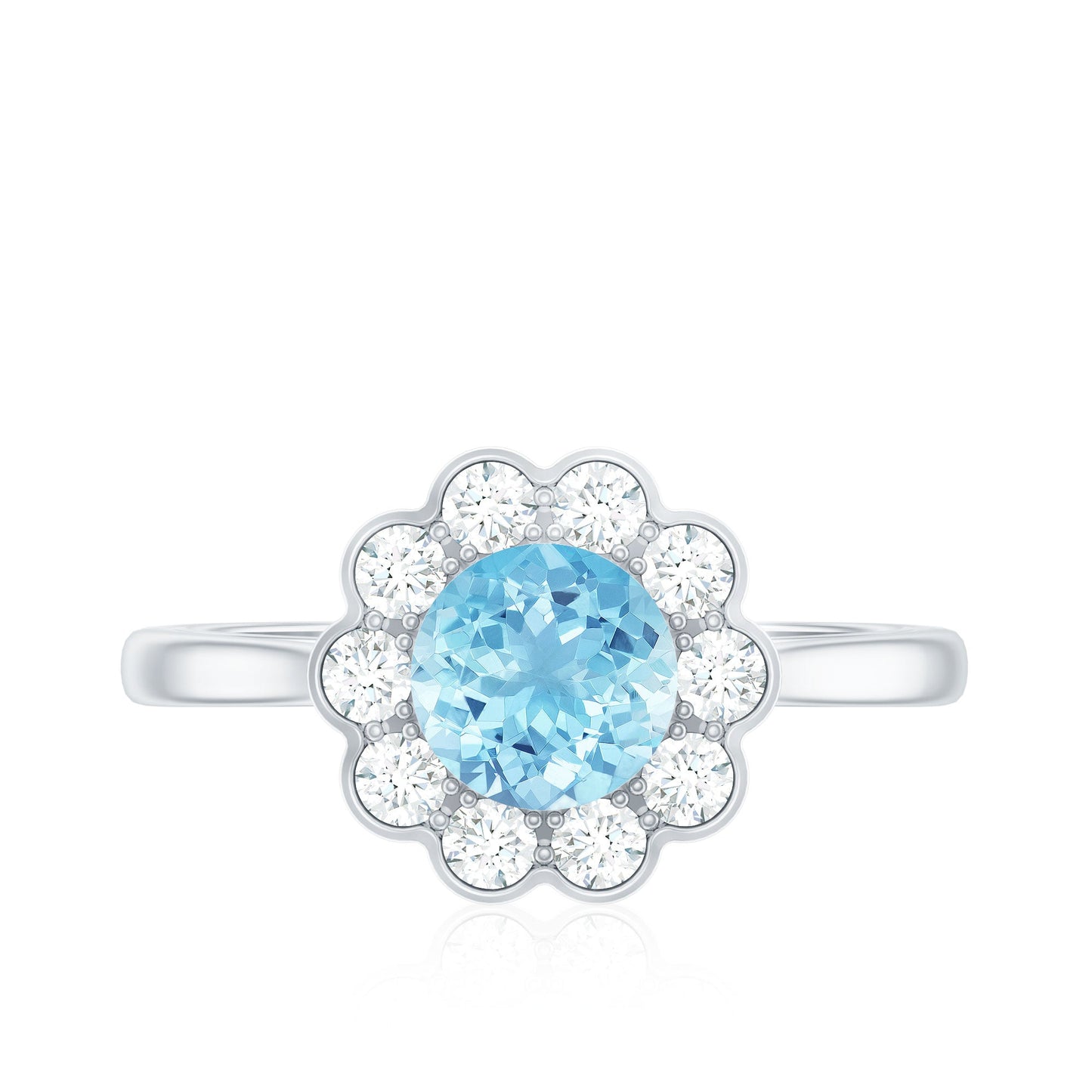 Certified 0.8 Carat Real Aquamarine Engagement Ring with Diamond Flower Halo