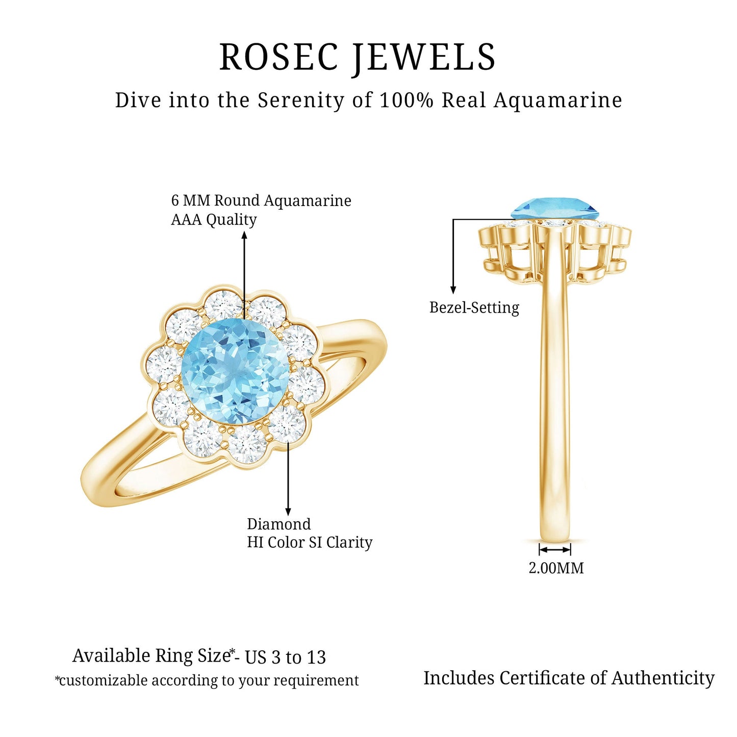 Certified 0.8 Carat Real Aquamarine Engagement Ring with Diamond Flower Halo