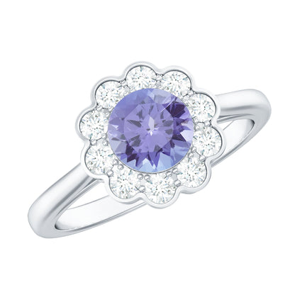 Natural Tanzanite Floral Engagement Ring with Diamond Halo