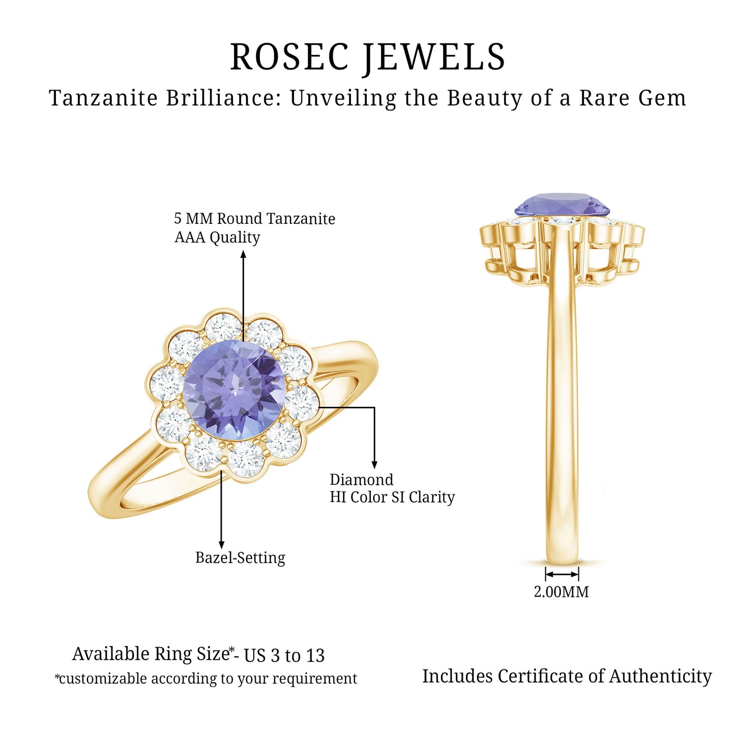 Natural Tanzanite Floral Engagement Ring with Diamond Halo
