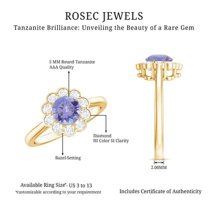 Natural Tanzanite Floral Engagement Ring with Diamond Halo