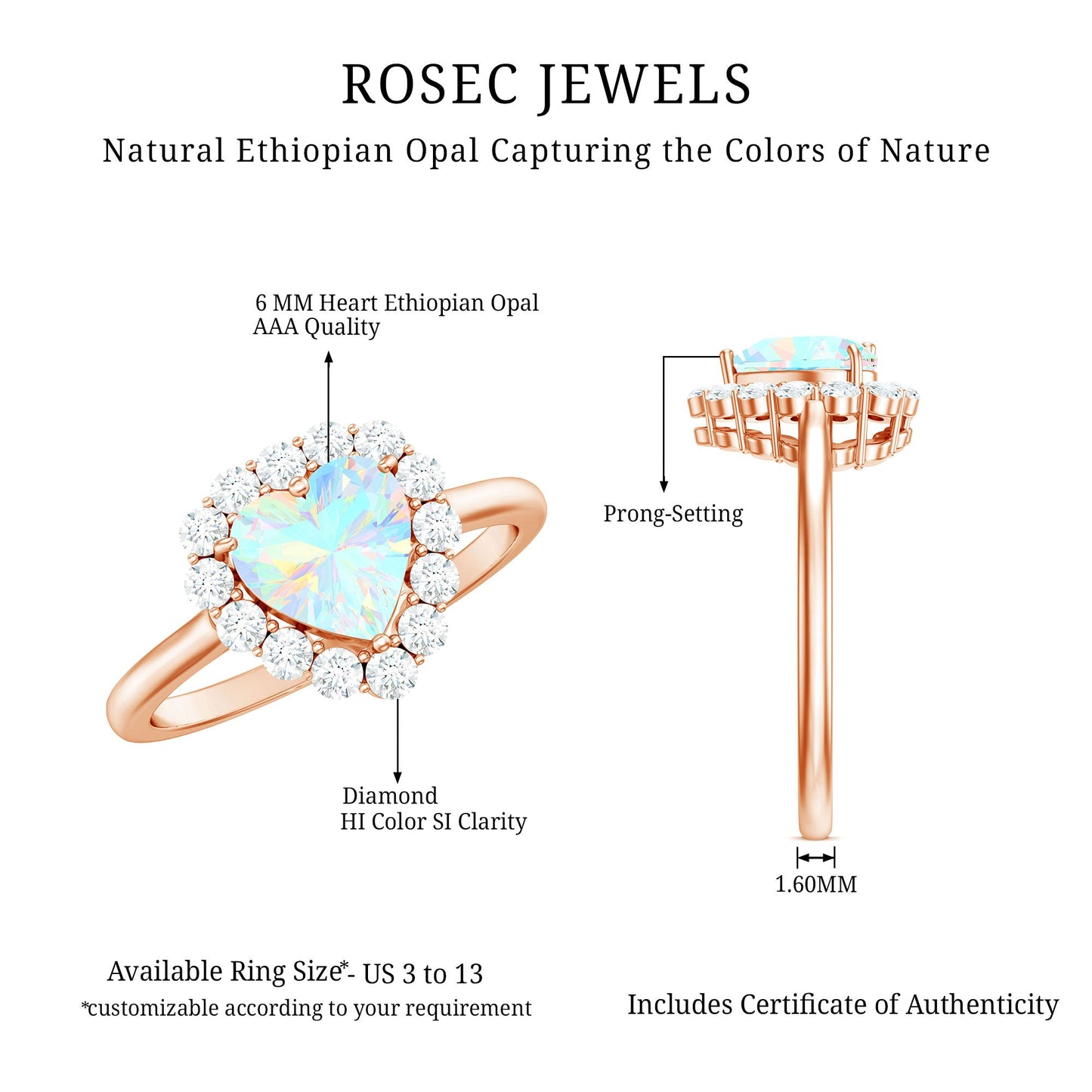 Certified Real Ethiopian Opal Heart Shaped Engagement Ring with Diamond Halo