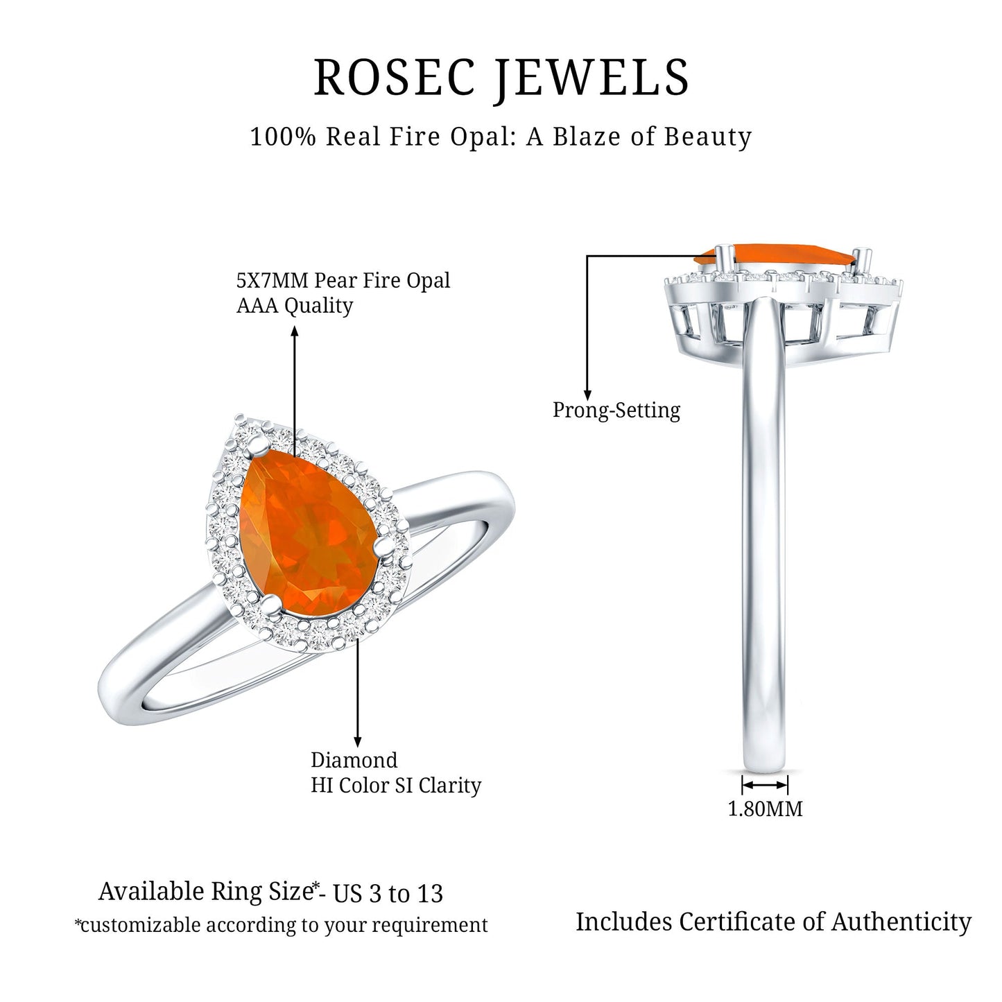 0.6 Carat Teardrop Fire Opal Ring with Diamond Halo