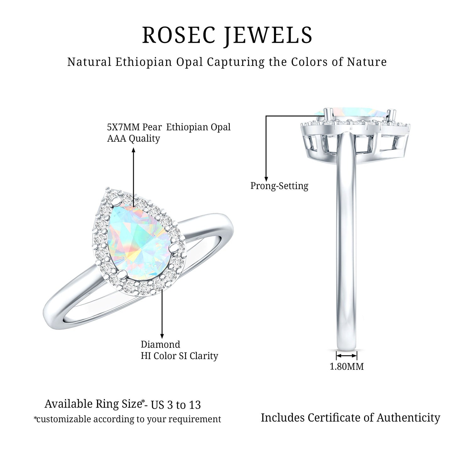 Certified Real 5X7 mm Ethiopian Opal Engagement Ring with Diamond Halo