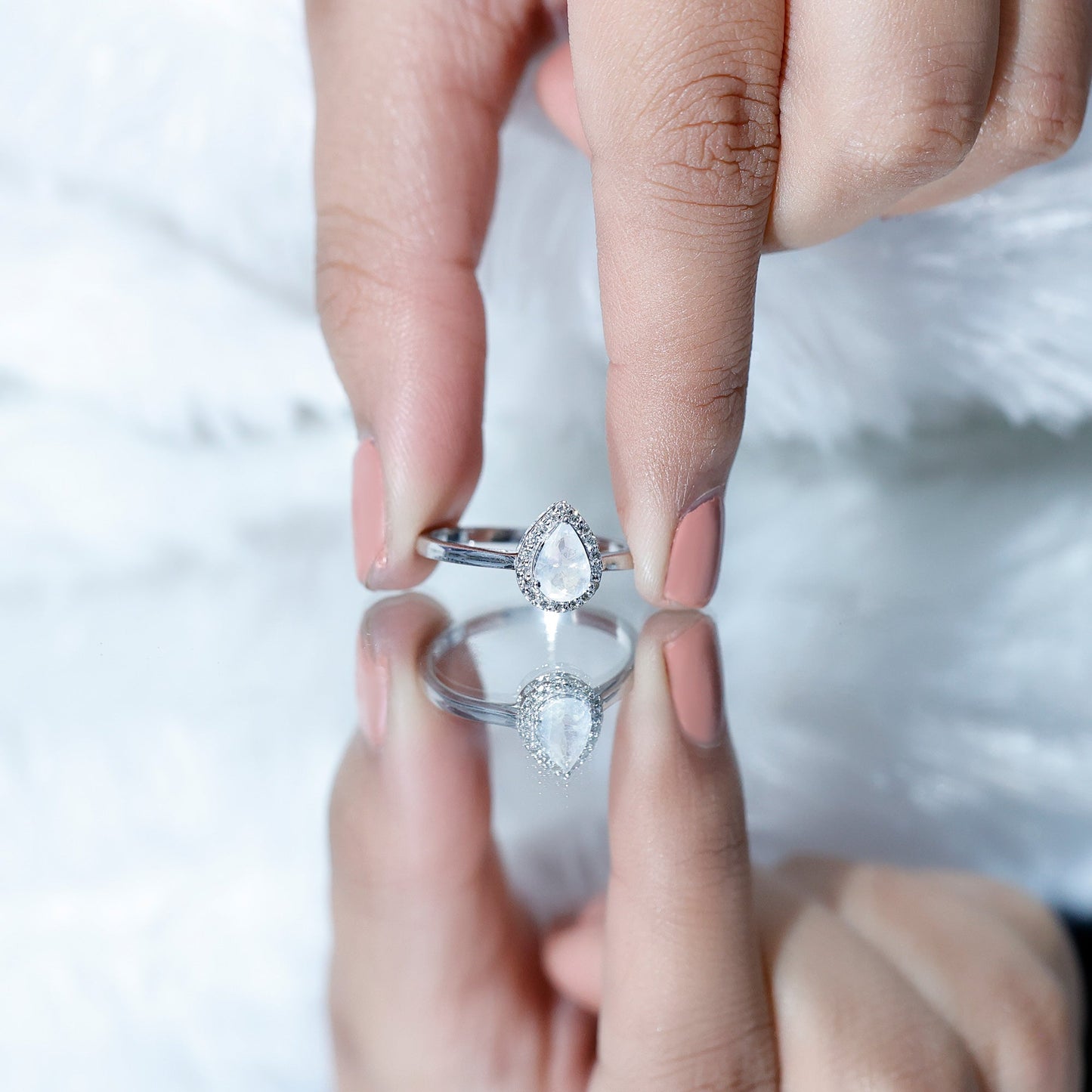 Pear Shaped Moonstone Halo Engagement Ring with Diamond