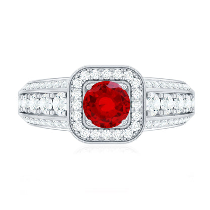 Lab Grown Ruby and Moissanite Halo Engagement Ring
