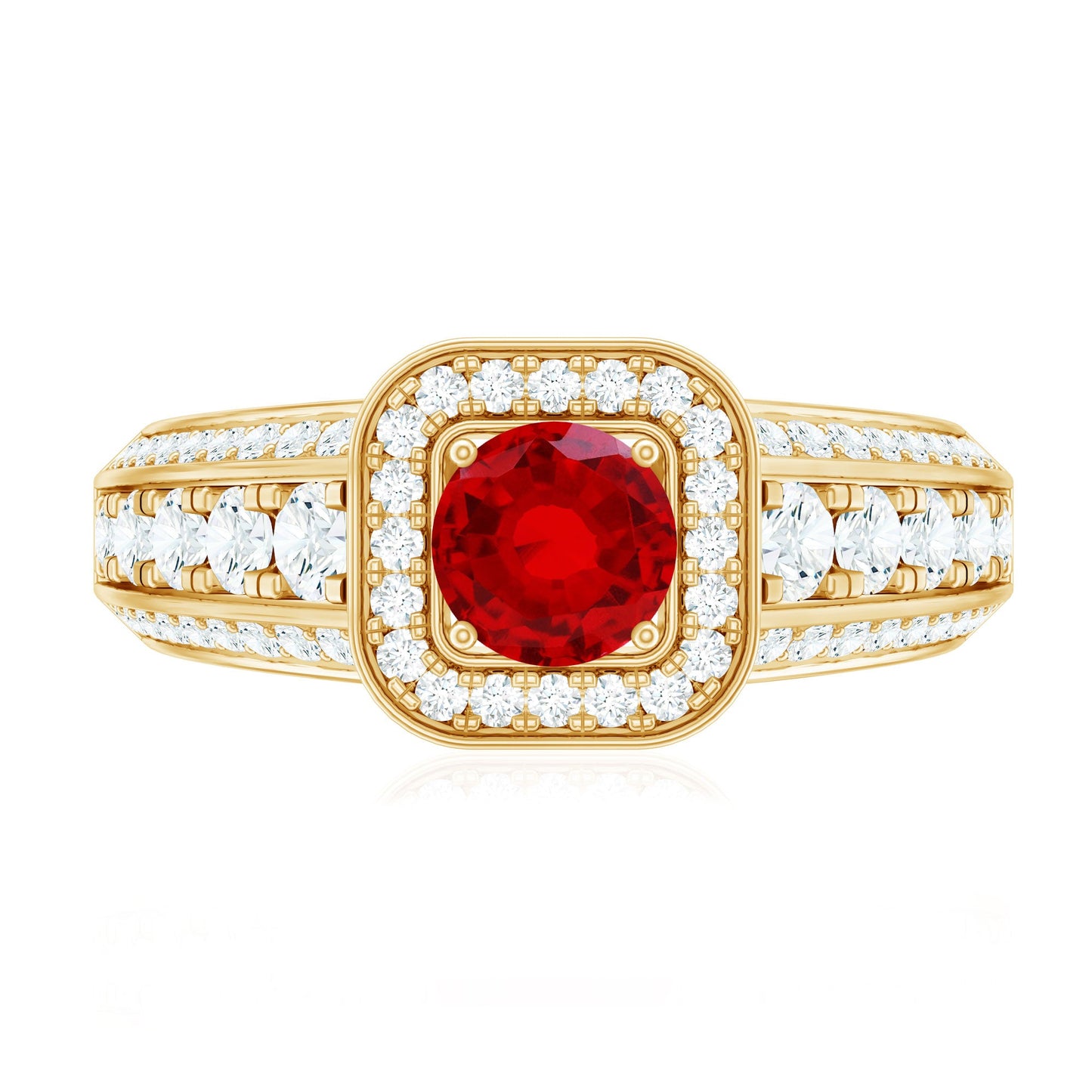 Lab Grown Ruby and Moissanite Halo Engagement Ring