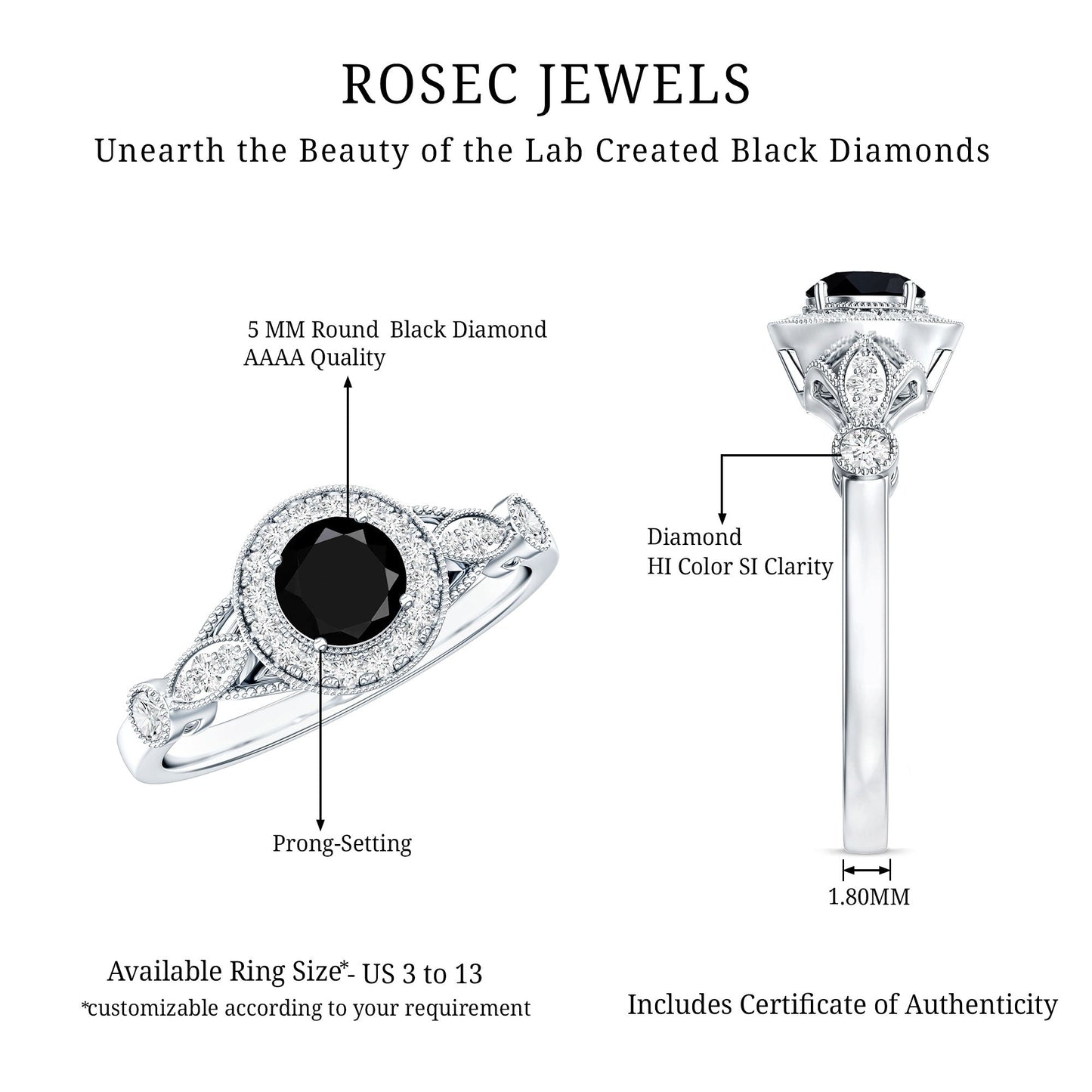 Vintage Inspired 0.8 Carat Lab Grown Black and White Diamond Engagement Ring with Halo