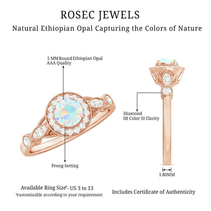 Genuine Ethiopian Opal Antique Looking Engagement Ring with Diamond Halo
