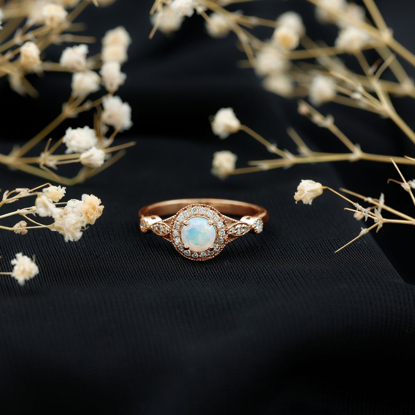 Genuine Ethiopian Opal Antique Looking Engagement Ring with Diamond Halo
