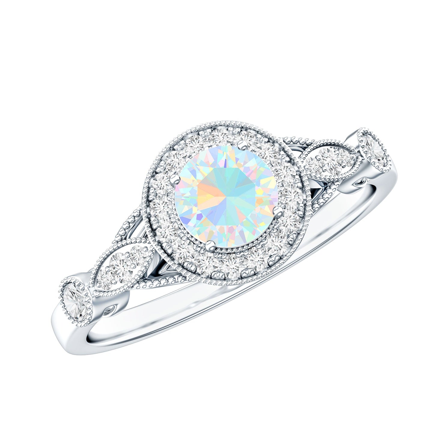 Genuine Ethiopian Opal Antique Looking Engagement Ring with Diamond Halo