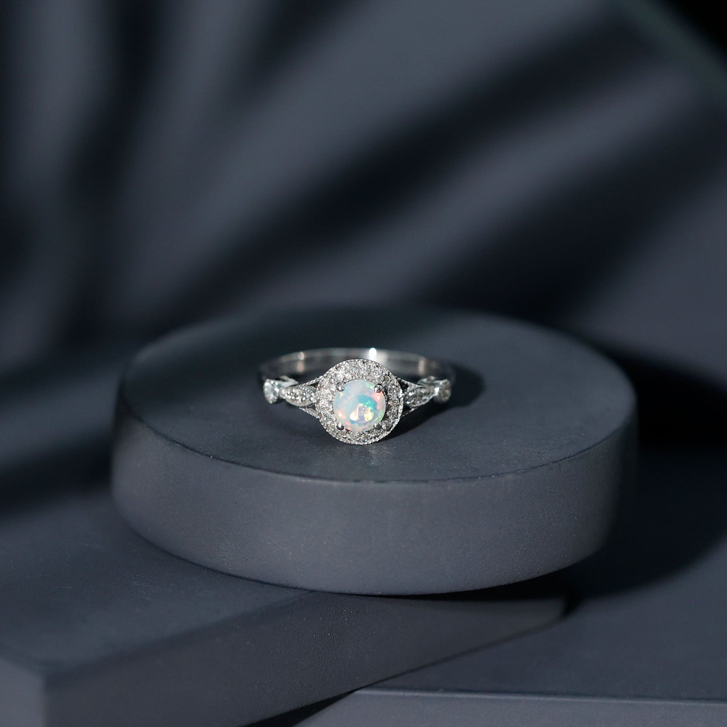 Genuine Ethiopian Opal Antique Looking Engagement Ring with Diamond Halo