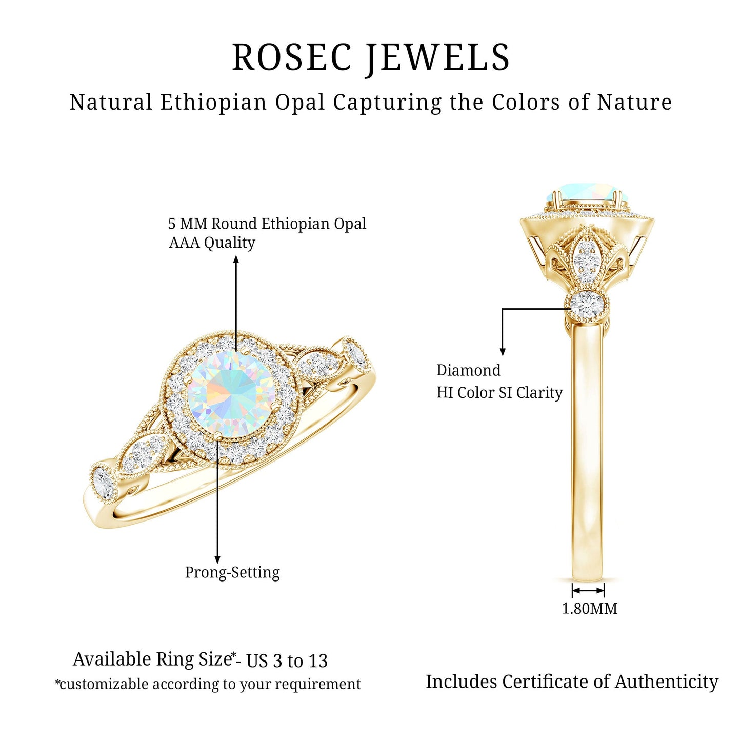 Genuine Ethiopian Opal Antique Looking Engagement Ring with Diamond Halo