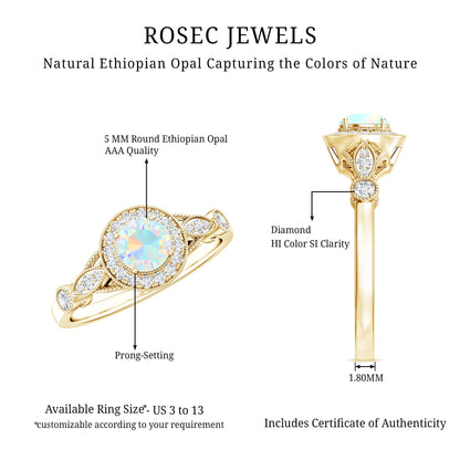 Genuine Ethiopian Opal Antique Looking Engagement Ring with Diamond Halo