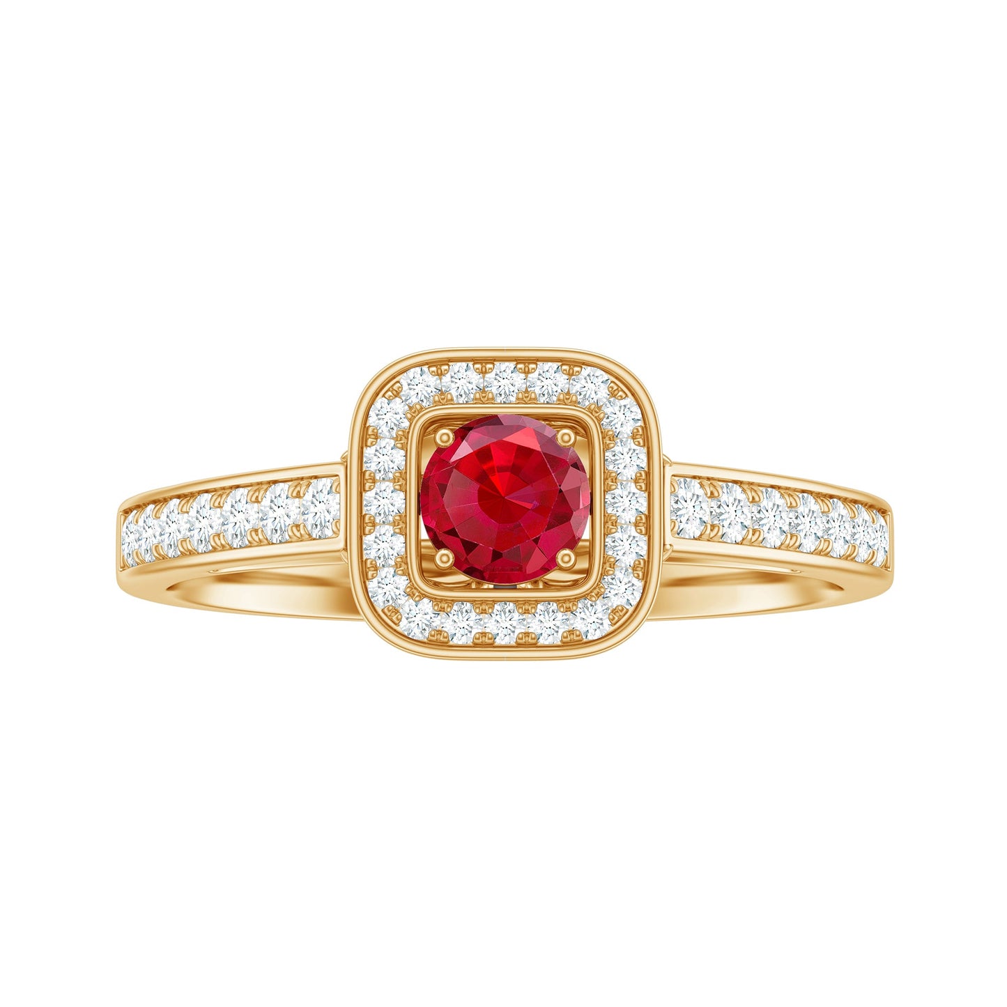 Vintage Style Lab Ruby and Diamond Halo Engagement Ring