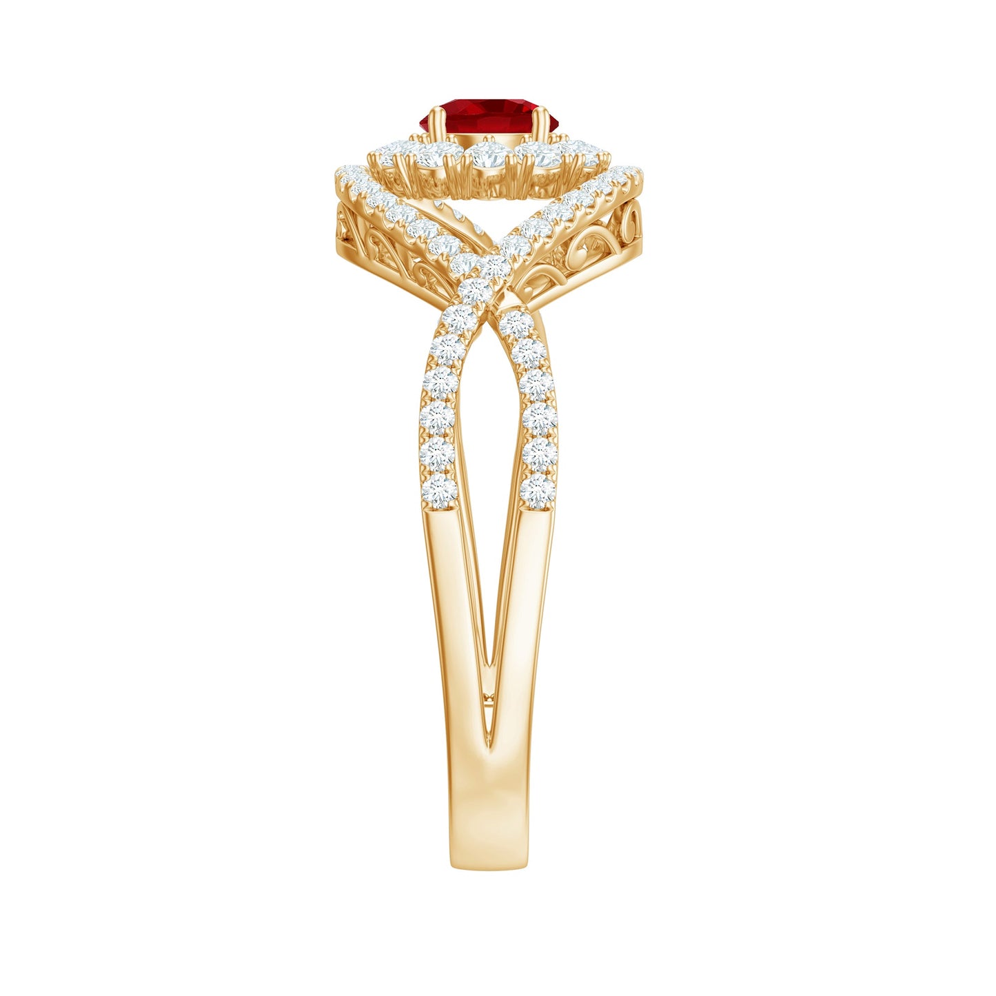 Certified Lab Ruby and Diamond Crossover Engagement Ring with Halo