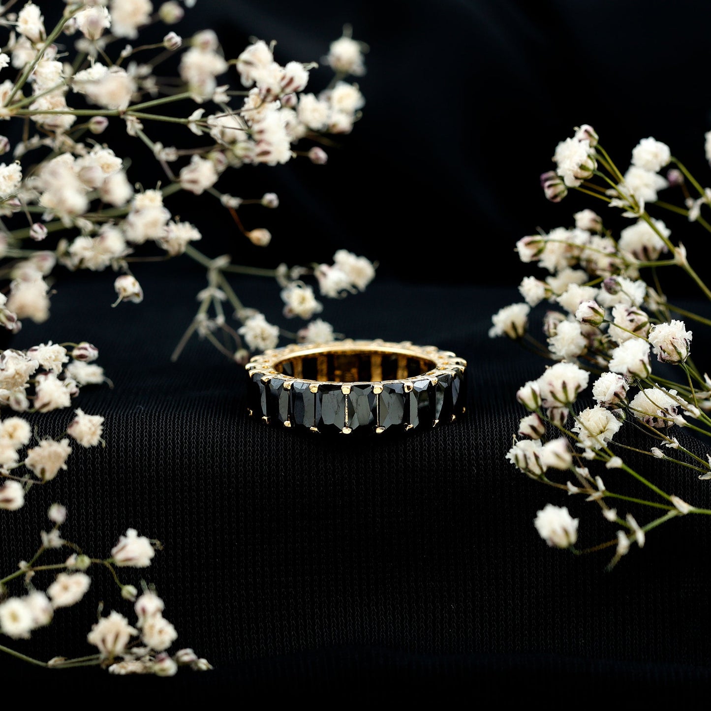 Black Onyx Emerald Cut Eternity Band in Shared Prong Setting