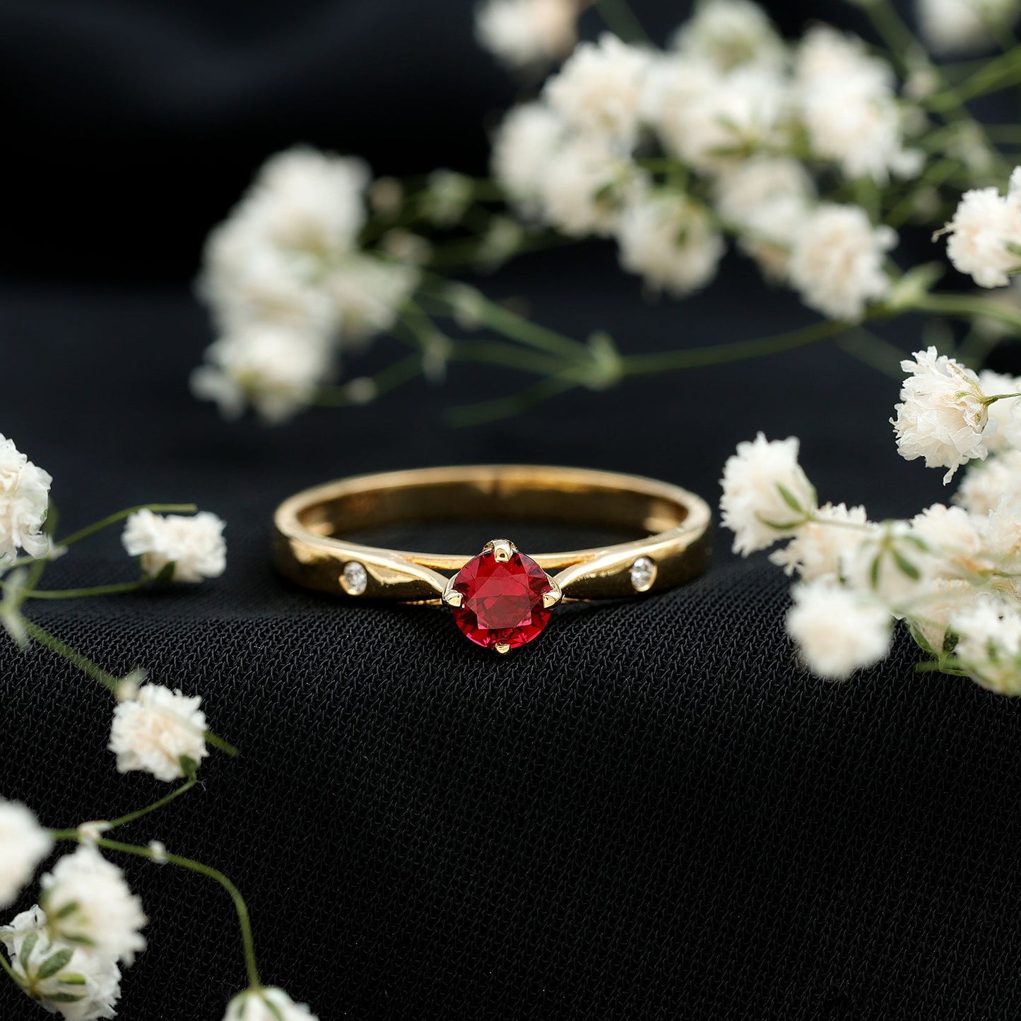 Round Lab Grown Ruby Solitaire Ring with Diamond