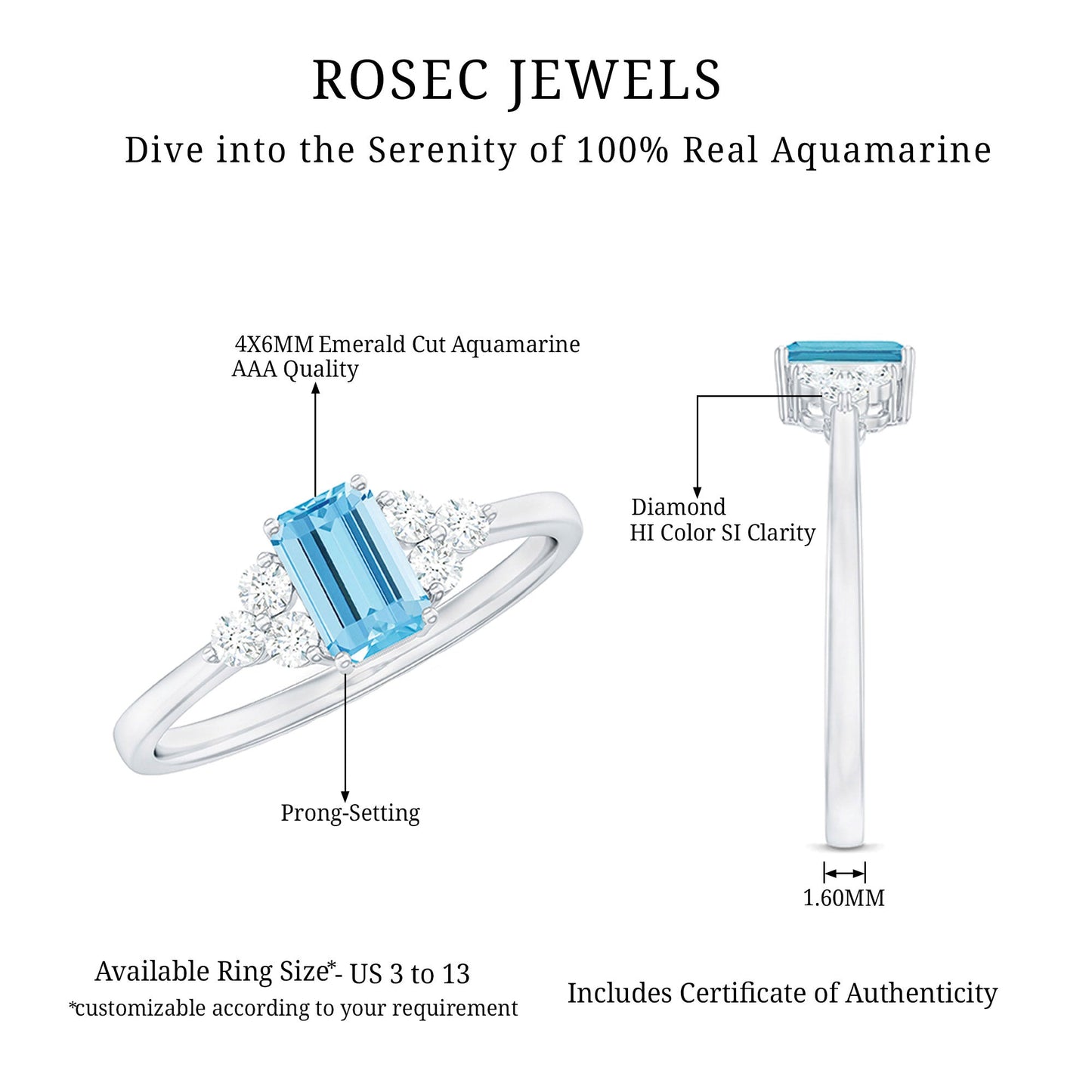 Aquamarine Emerald Cut Engagement Ring with Diamond Trio