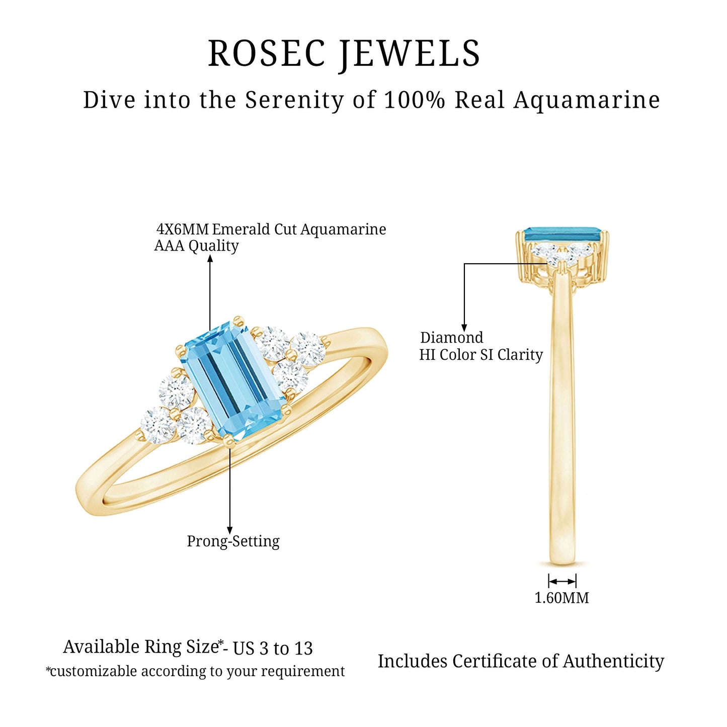 Aquamarine Emerald Cut Engagement Ring with Diamond Trio