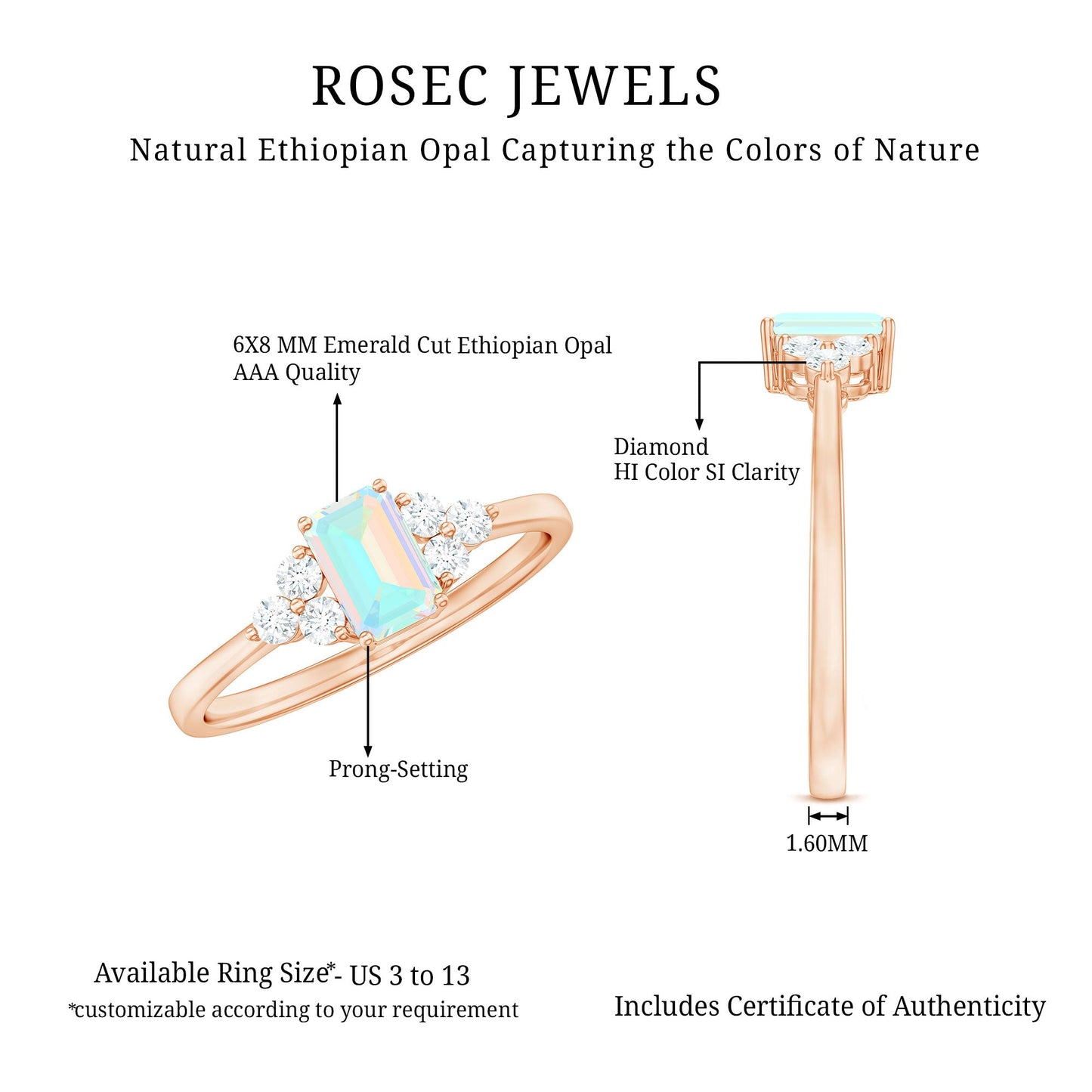 Certified Real Ethiopian Rainbow Opal Emerald Cut Engagement Ring with Diamond Trio