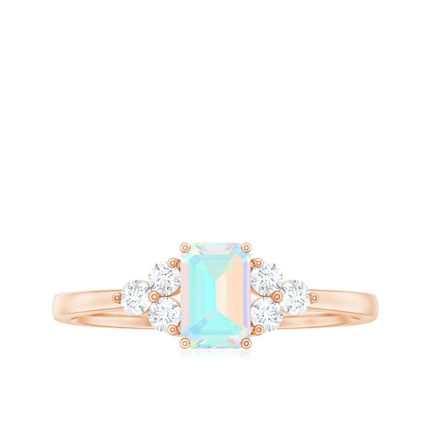 Certified Real Ethiopian Rainbow Opal Emerald Cut Engagement Ring with Diamond Trio