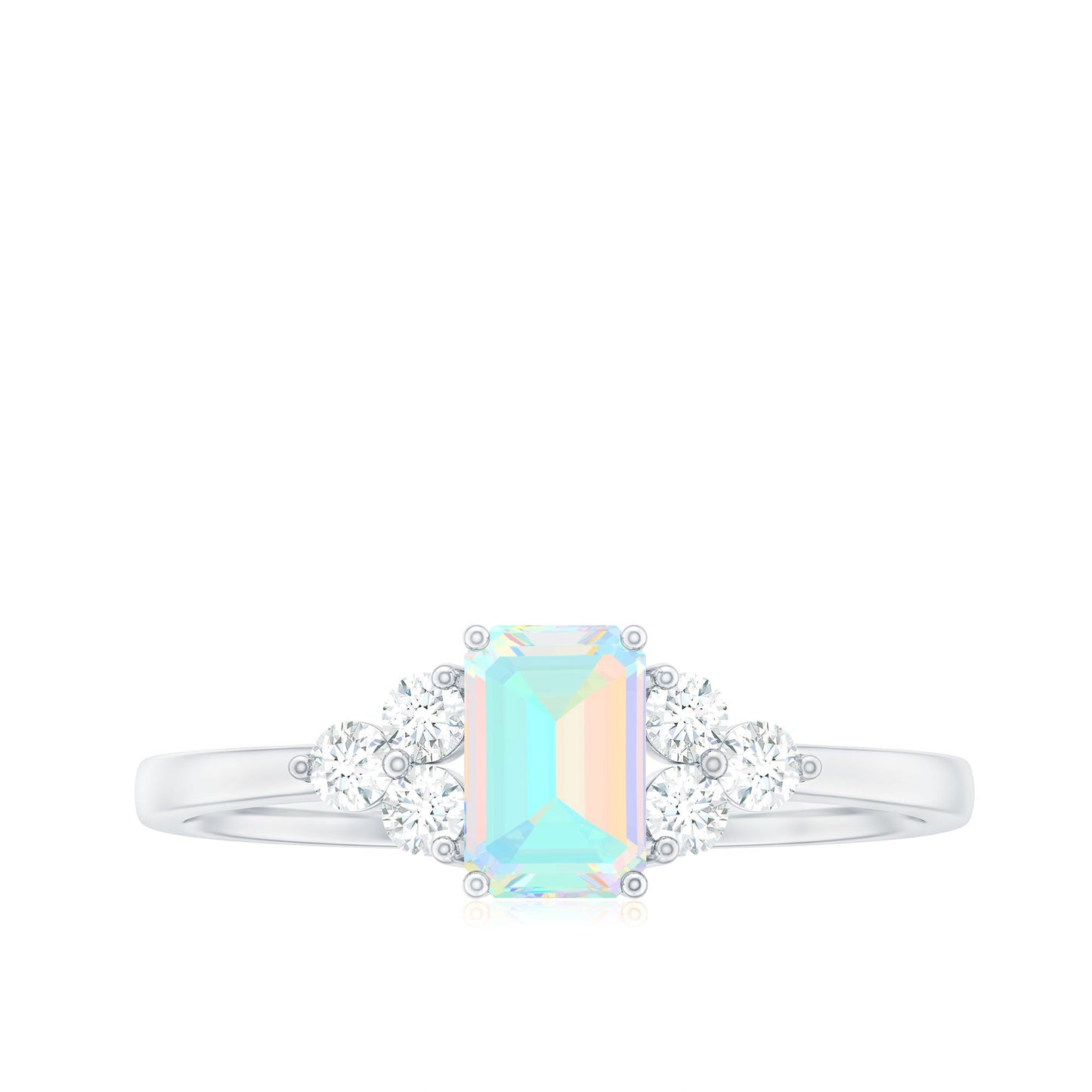 Certified Real Ethiopian Rainbow Opal Emerald Cut Engagement Ring with Diamond Trio