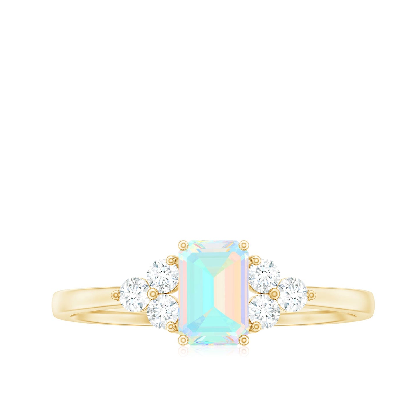 Certified Real Ethiopian Rainbow Opal Emerald Cut Engagement Ring with Diamond Trio
