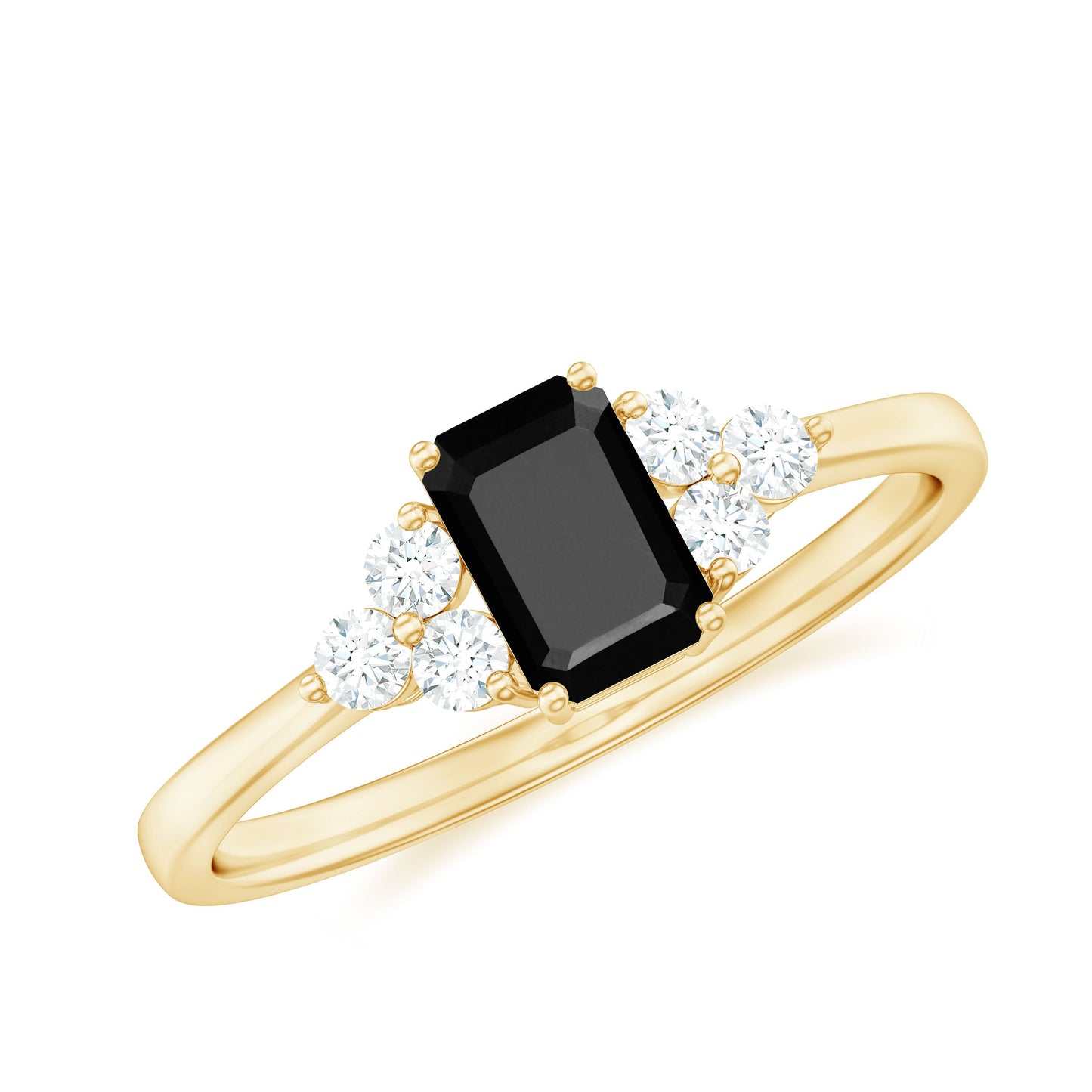 Emerald Cut Created Black Diamond Solitaire Ring with Diamond Trio