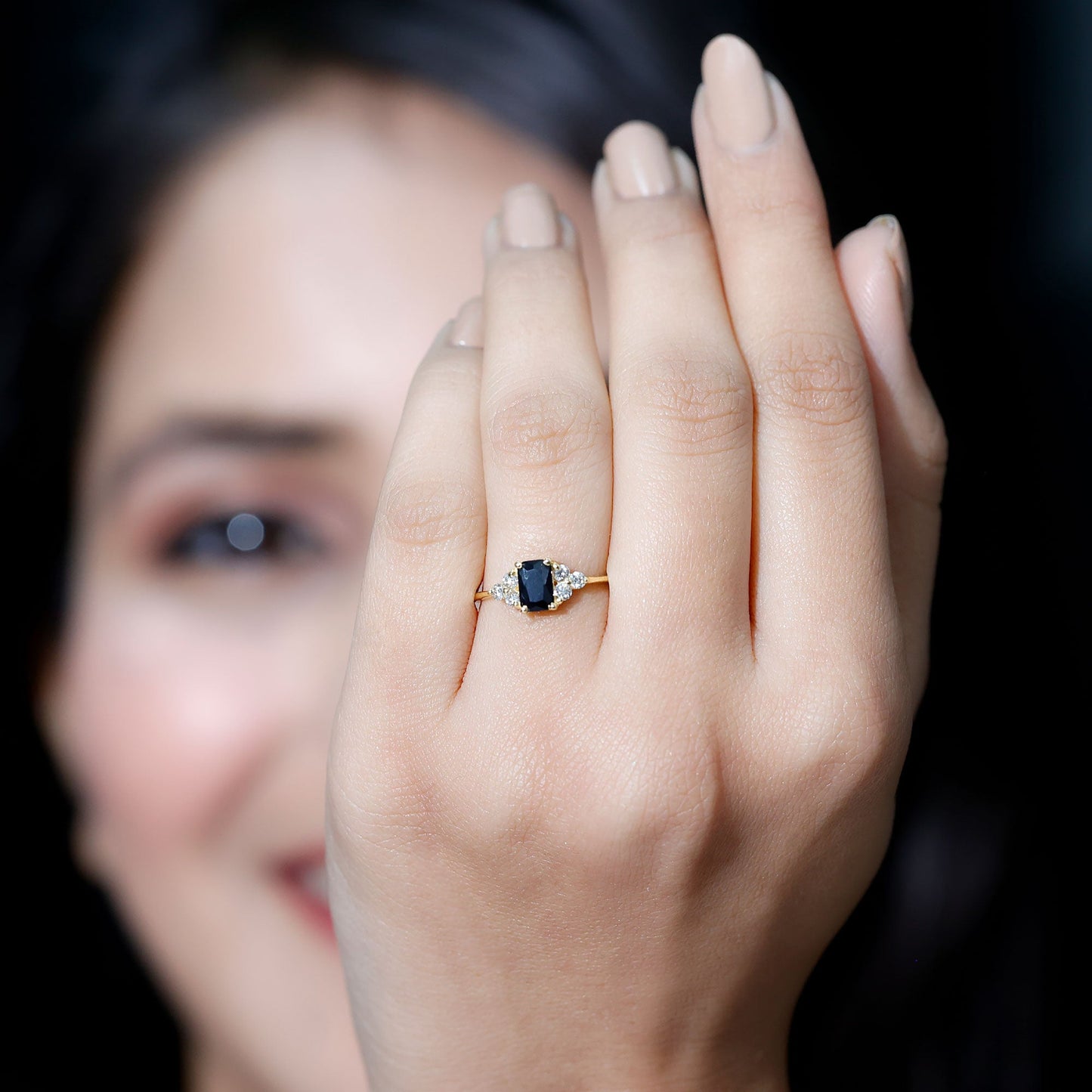Emerald Cut Created Black Diamond Solitaire Ring with Diamond Trio