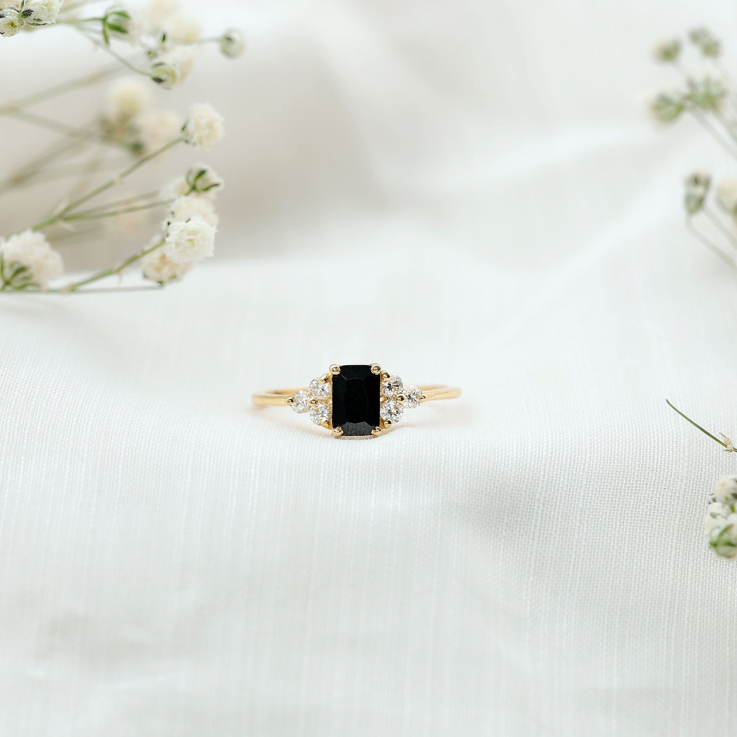 Emerald Cut Created Black Diamond Solitaire Ring with Diamond Trio