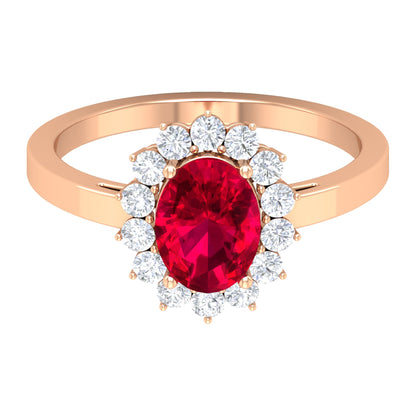 Natural 0.6 Carat Ruby Oval Engagement Ring with Diamond Halo