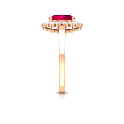 Natural 0.6 Carat Ruby Oval Engagement Ring with Diamond Halo