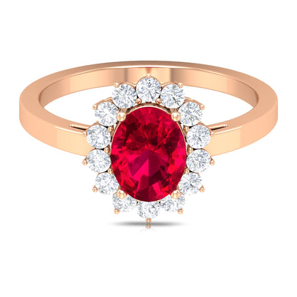 Natural 0.6 Carat Ruby Oval Engagement Ring with Diamond Halo