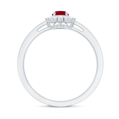 Natural 0.6 Carat Ruby Oval Engagement Ring with Diamond Halo