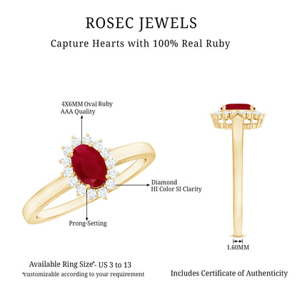 Natural 0.6 Carat Ruby Oval Engagement Ring with Diamond Halo