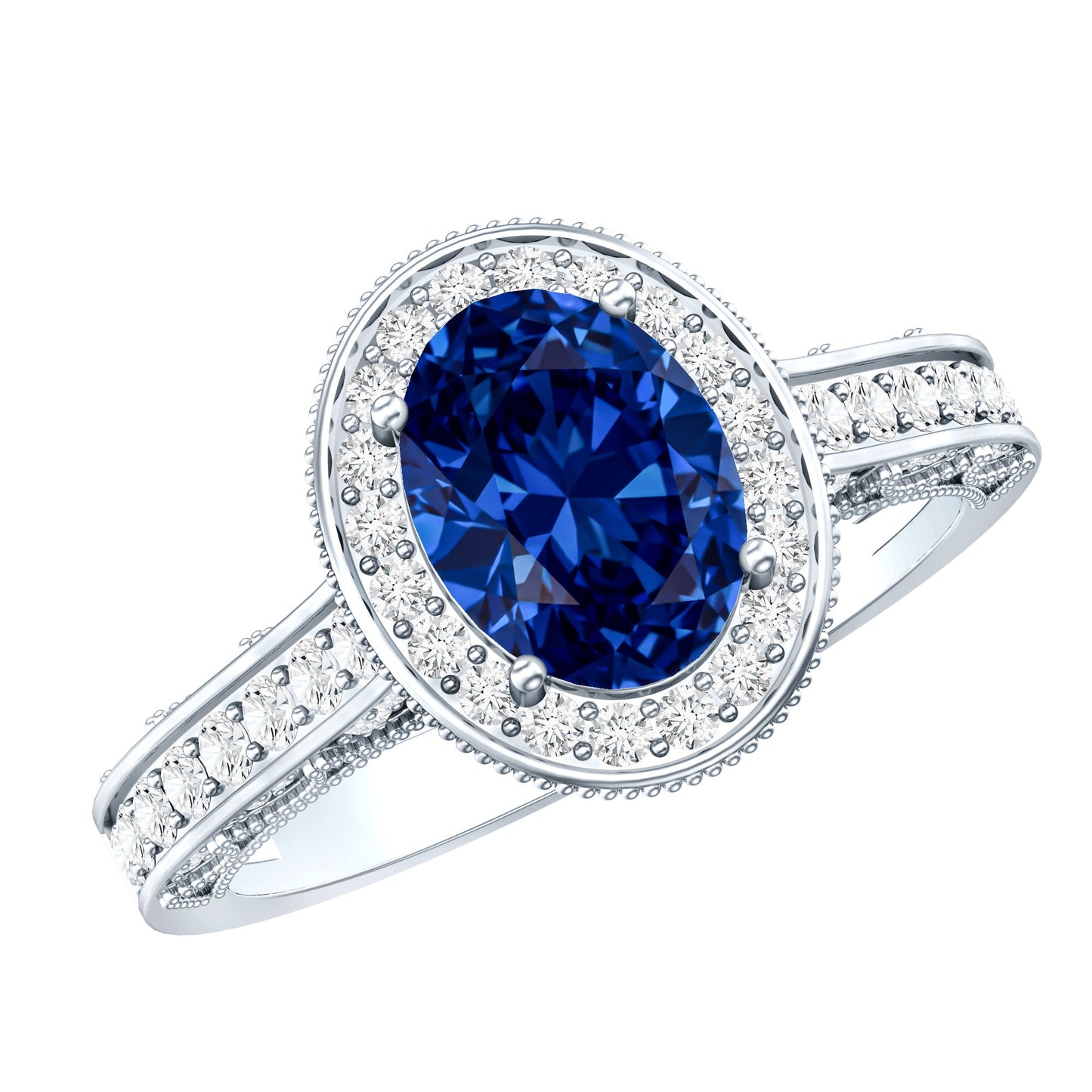 Certified 1.5 Carat Lab Grown Blue Sapphire Engagement Ring with Diamond Halo